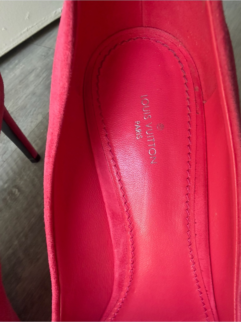 Louis Vuitton Pink Suede Pointed-Toe Heels with Crystal LV Emblem - Picture 6 of 14